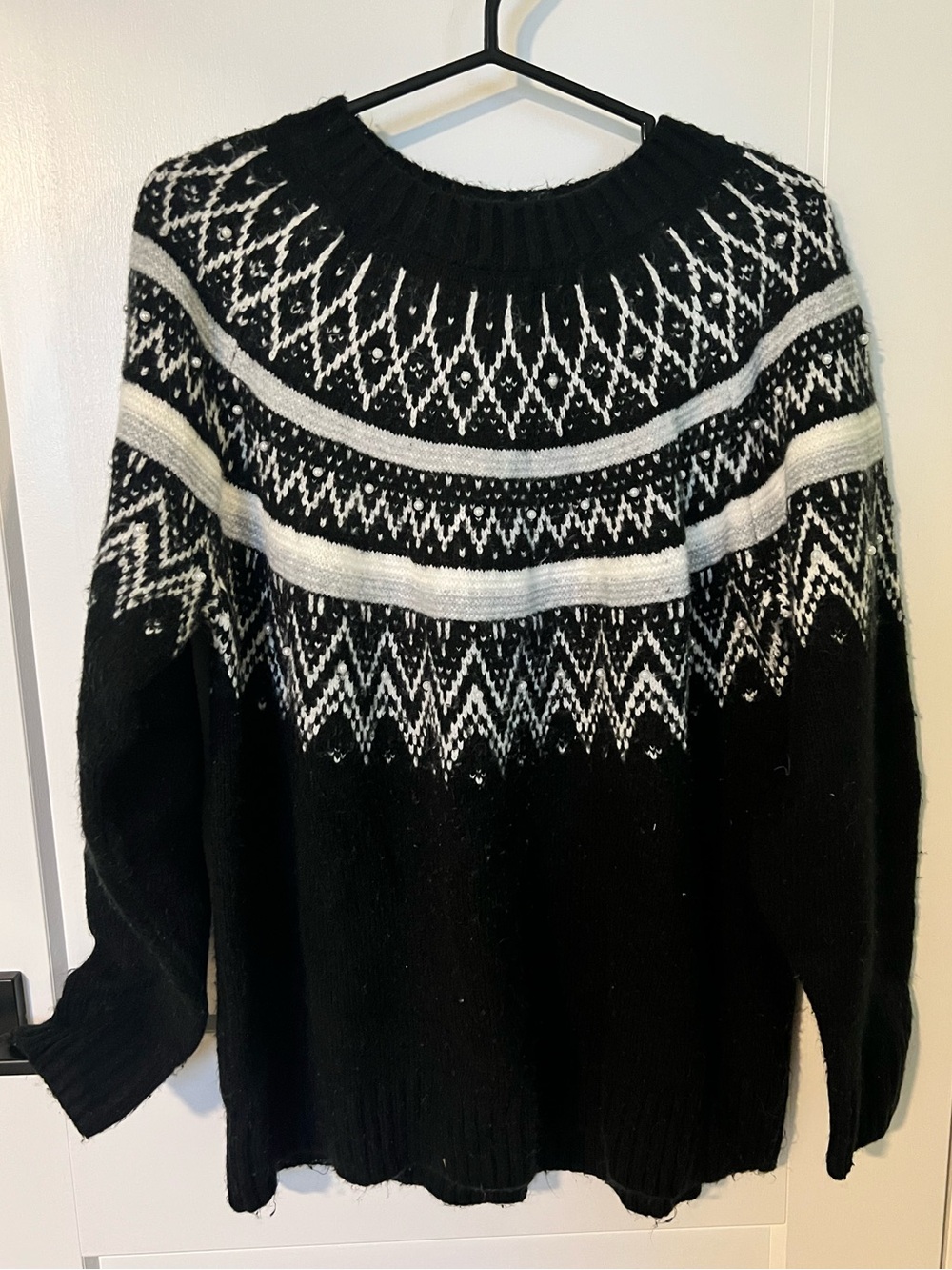 Northern Reflections Black & White Fair Isle Crewneck Sweater with Pearls
